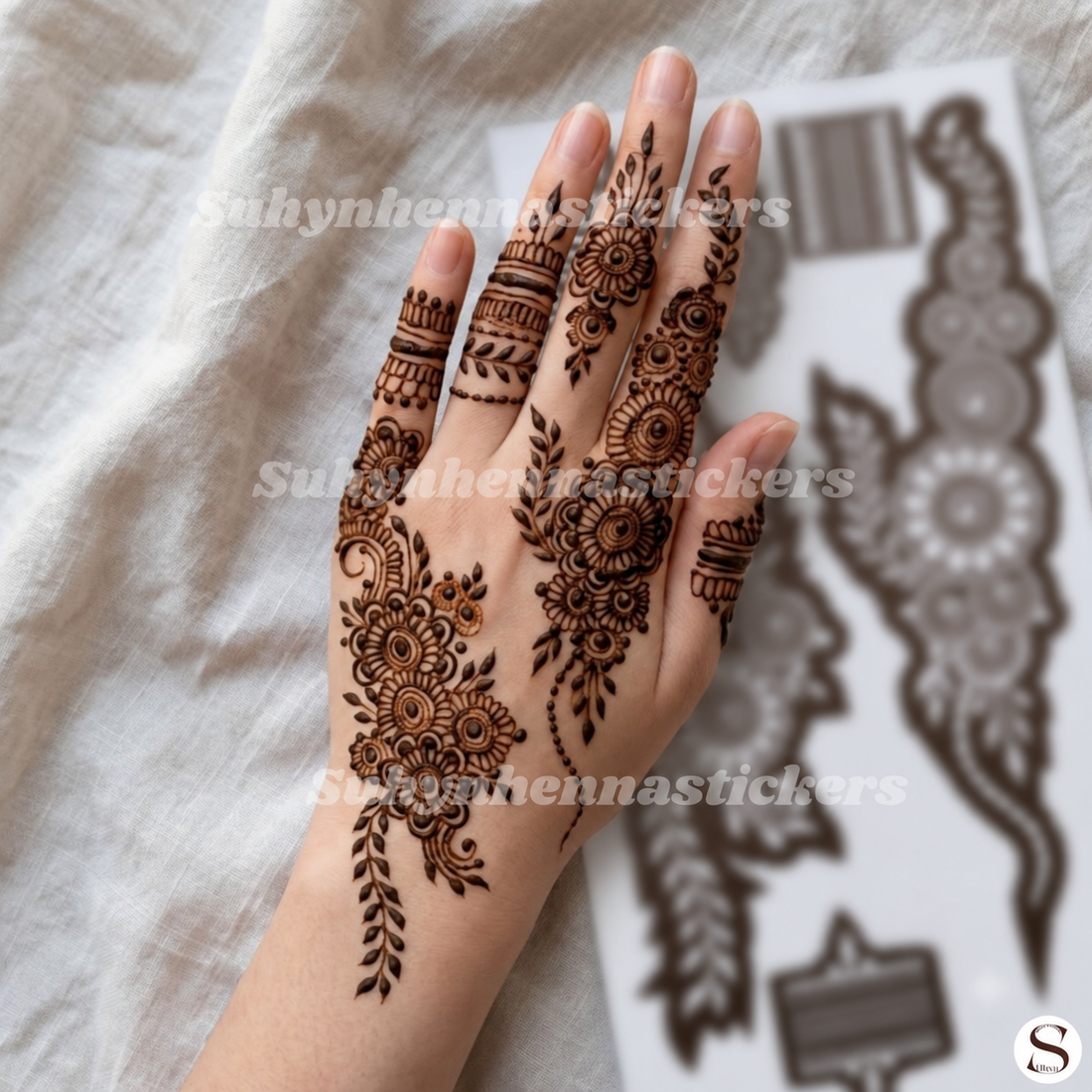 Arabic back hand mehendi sticker with large flowers, leaves and matching finger designs by SUHYN
