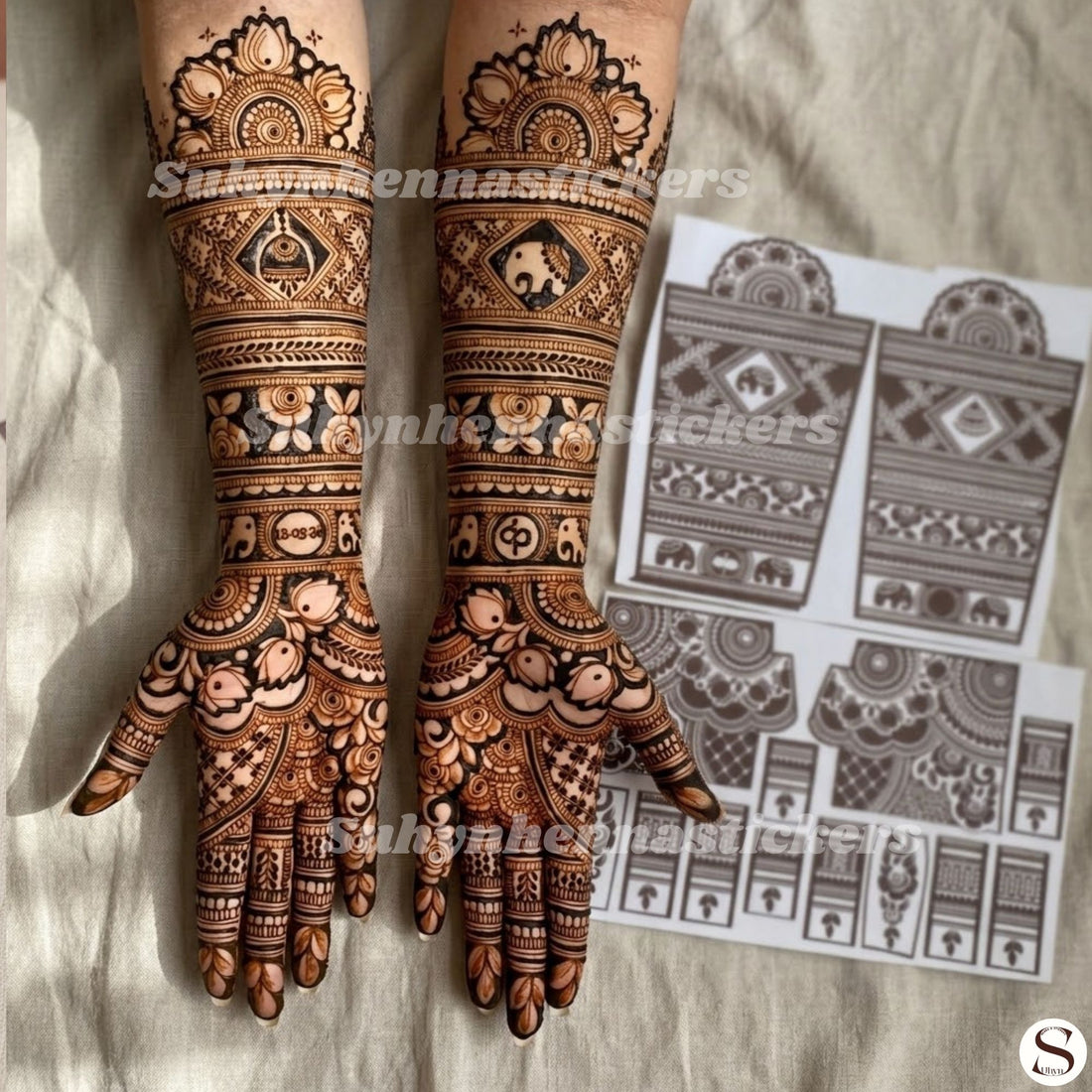 Ceremonial lotus Mehendi Stencil with layered floral arches, ornate bands, lattice work and extended hand detailing by Suhyn
