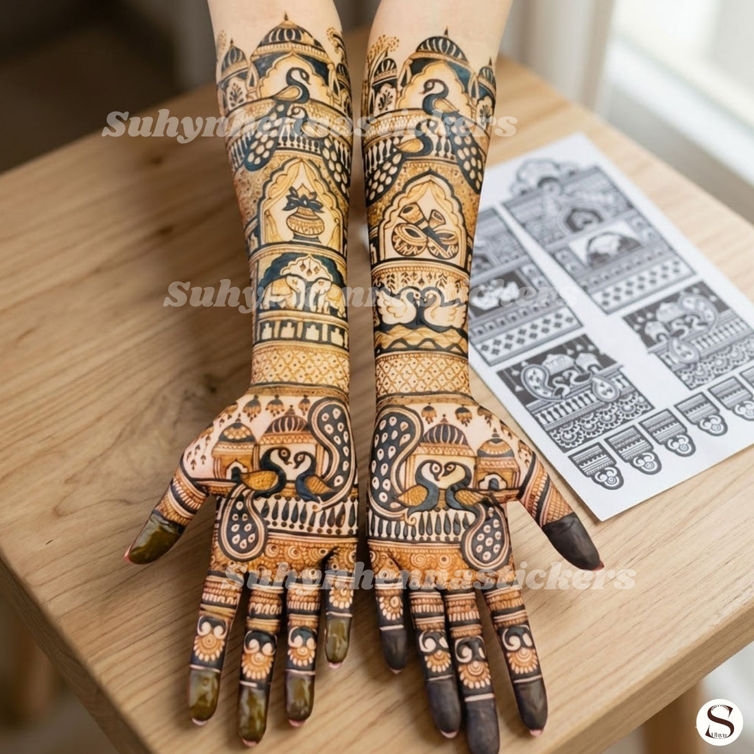Royal peacock palace bridal Mehendi Sticker with majestic peacock motifs, palace arches, ornamental bands and detailed festive hand design by Suhyn

