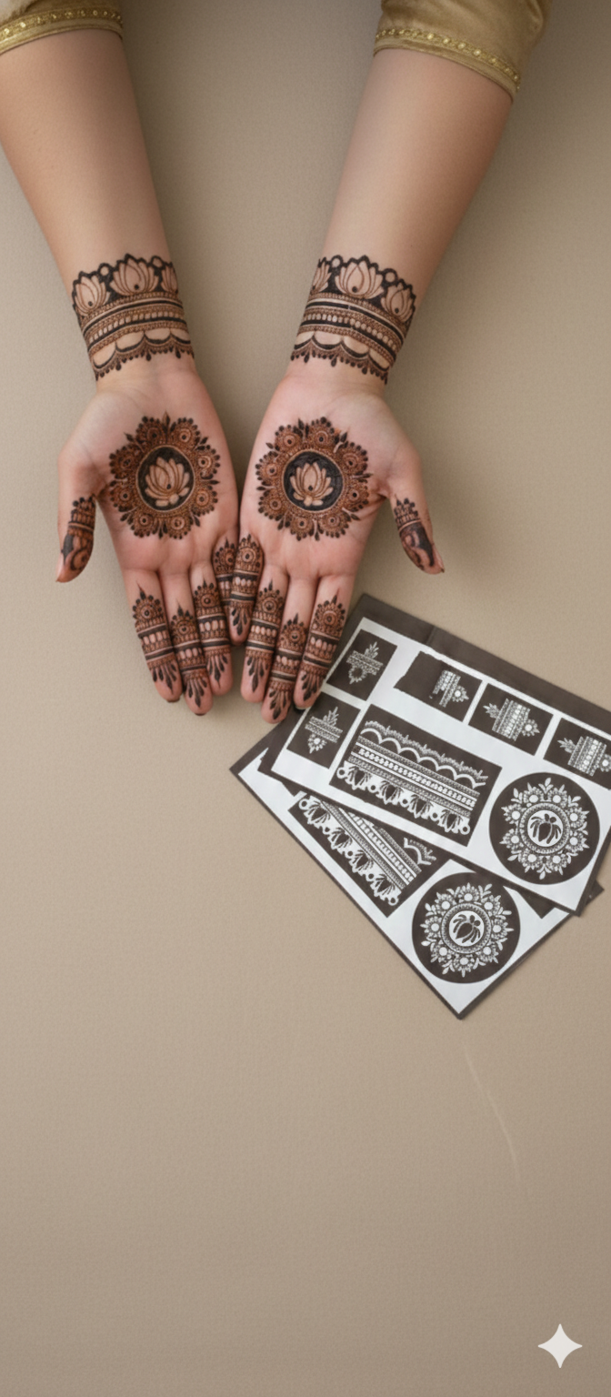 Lotus mandala palm Mehendi sticker with circular floral centerpiece matching wrist borders and coordinated finger patterns by Suhyn
