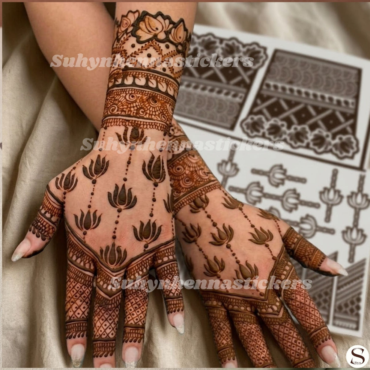Minimal lotus medallion Mehendi Sticker with circular hand motif, delicate finger bands and floral accents by Suhyn
