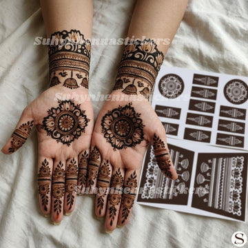 Lotus rosette mehendi sticker with circular floral centres, ornamental finger details and decorative wrist bands by Suhyn
