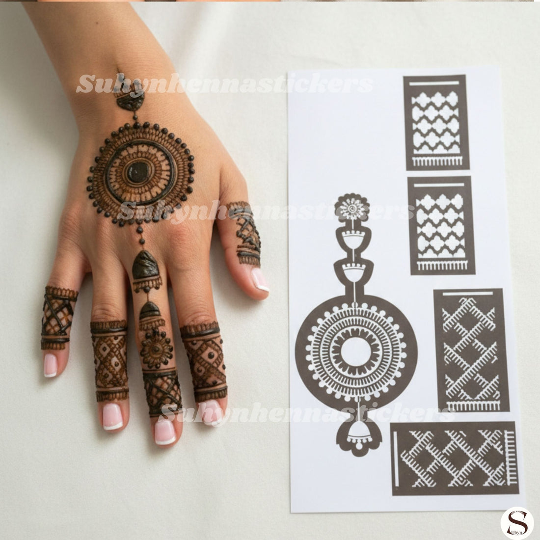 Minimal pendant circle Mehendi Stencil with hanging ornamental details, lattice finger patterns and clean hand placement by Suhyn
