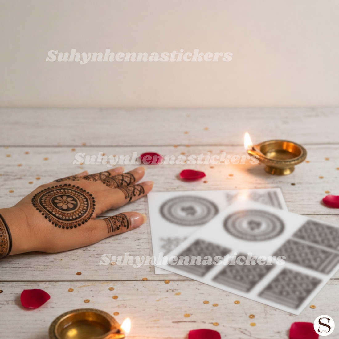 Diya Circle Festive Mehendi Stencil with round ornamental centre, decorative finger sections and celebration-inspired detailing by Suhyn
