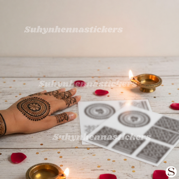 Diya Circle Festive Mehendi Stencil with round ornamental centre, decorative finger sections and celebration-inspired detailing by Suhyn
