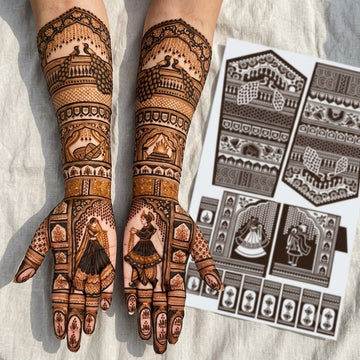 Royal peacock story bridal Mehendi stencil with bride and groom figures peacock motifs architectural panels and intricate full hand coverage by Suhyn

