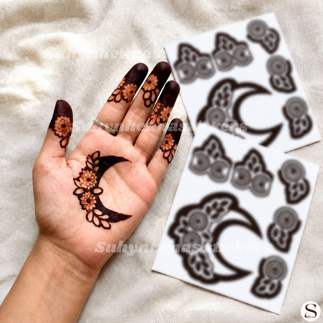 Floral crescent Kids Mehendi Stencil with moon-shaped centre motif, flower accents and simple fingertip design by Suhyn
