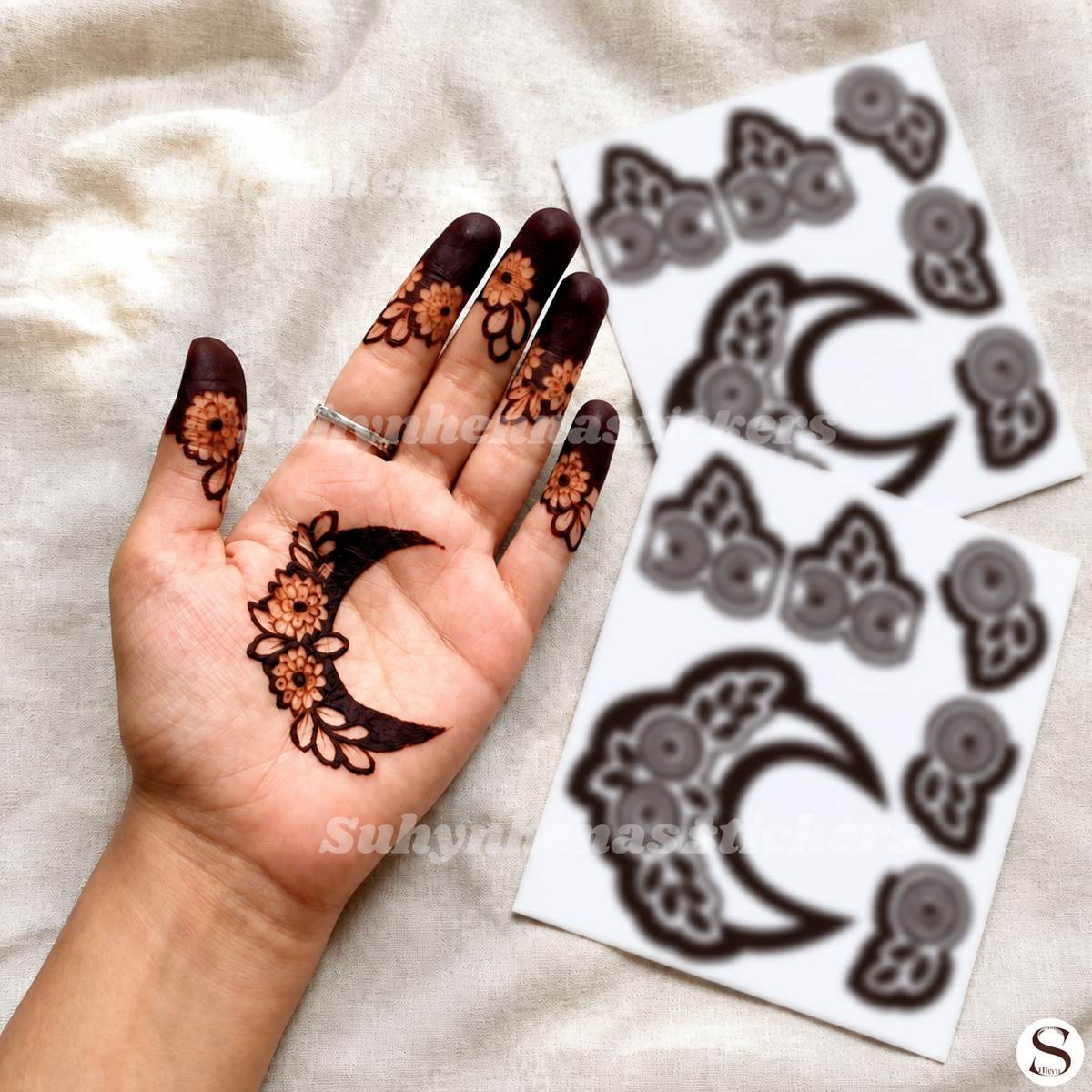 Floral crescent Kids Mehendi Stencil with moon-shaped centre motif, flower accents and simple fingertip design by Suhyn
