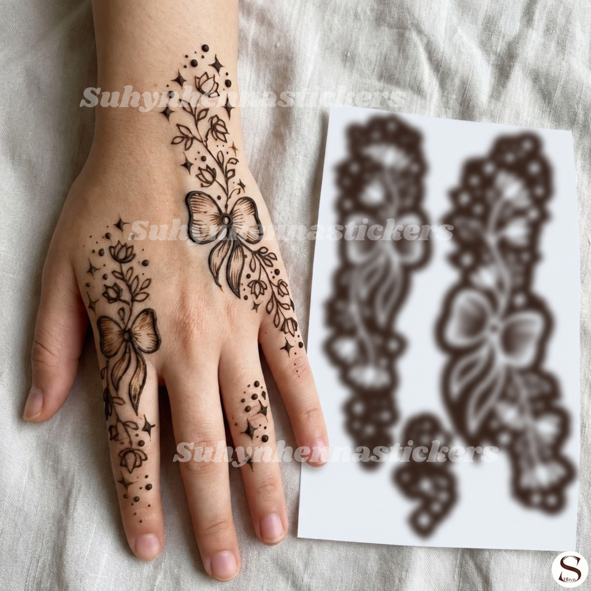 Ribbon bloom whimsy Mehendi Sticker with bow motif, floral vines, star accents and playful artistic detailing by Suhyn
