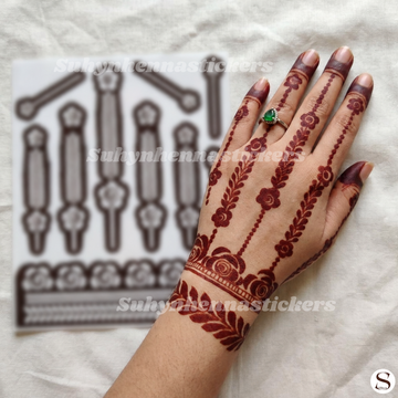 Rose chain wrist Mehendi Sticker with floral linework, leafy trails, delicate finger strings and decorative wrist band pattern by Suhyn