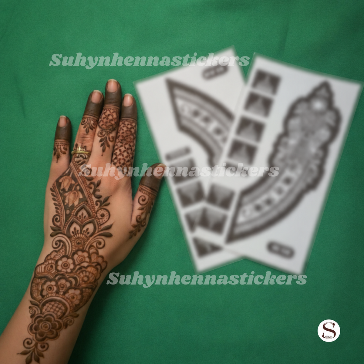 Rosette Vine Mosaic Mehendi Stencil with framed floral rosettes, leafy curves, geometric centres and open decorative spacing by Suhyn
