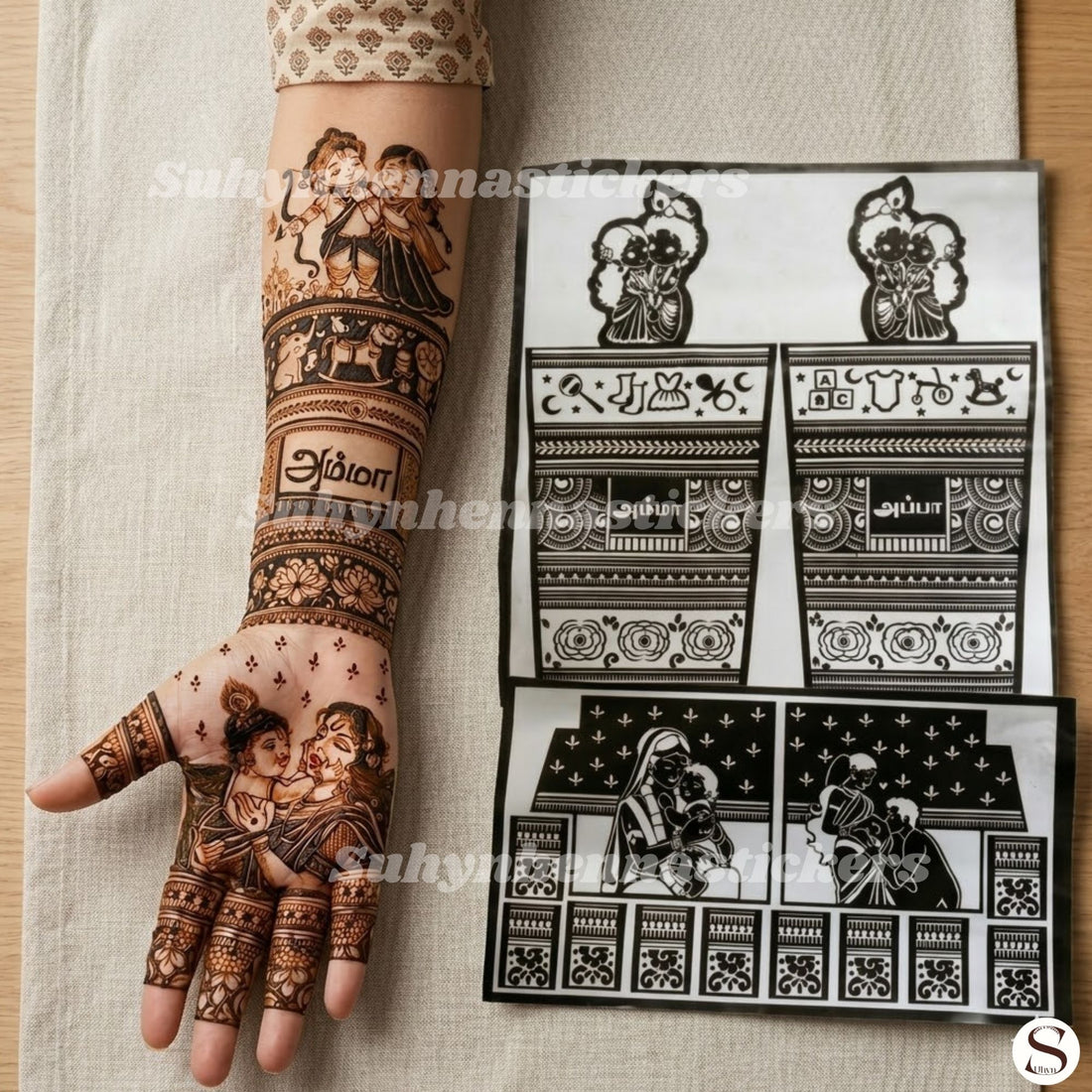 Amma Baby Shower Story Mehendi Stencil with mother and baby scenes, celebration bands and detailed themed hand design by Suhyn