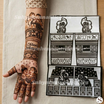 Amma Baby Shower Story Mehendi Stencil with mother and baby scenes, celebration bands and detailed themed hand design by Suhyn