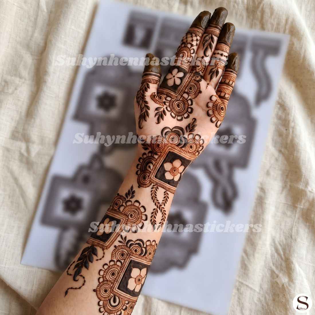 Arabic back hand mehendi sticker with connected flowers, leaves and wrist designs by SUHYN
