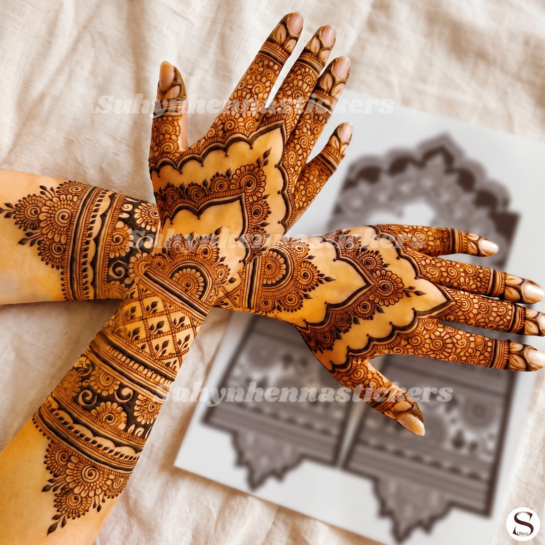 Arabic front hand mehendi sticker with curved flowers, detailed fingers and matching wrist design by SUHYN

