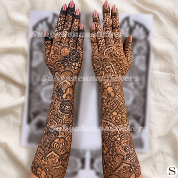 Arabic full back hand bridal mehendi sticker with dense flowers, leaves, paisley designs and detailed fingers by SUHYN
