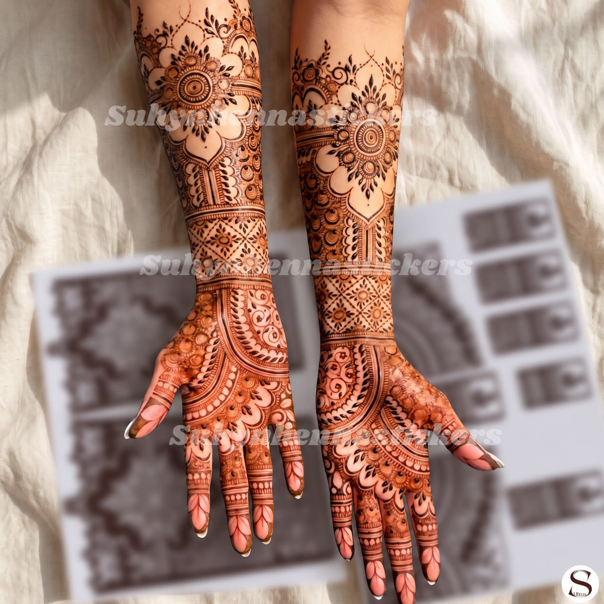 Arabic full hand mehendi sticker with large flowers, curved palm designs and detailed forearms by SUHYN
