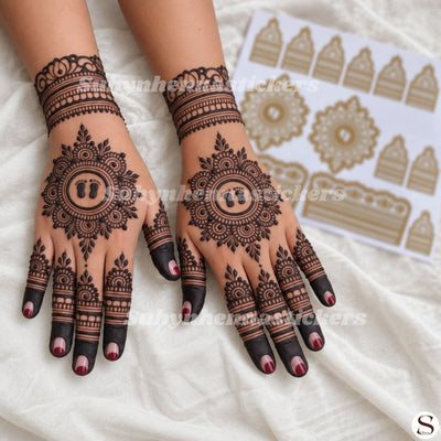 Traditional elephant front hand mehendi sticker with lotus wrist and matching finger designs by SUHYN

