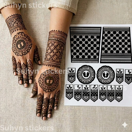 Baby footprint mehendi sticker with circular palm motif, lattice wrist pattern and coordinated finger stencil design for both hands by Suhyn
