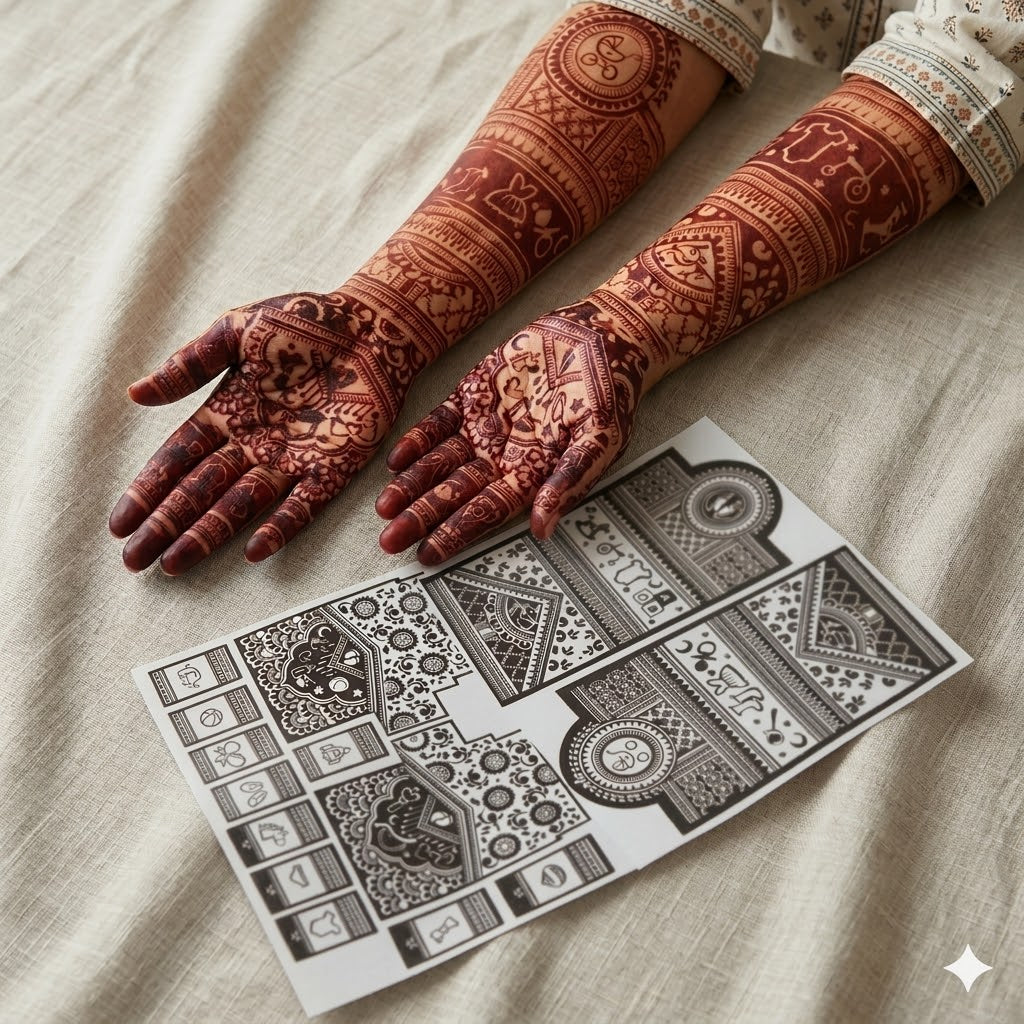 Traditional baby shower mehendi sticker design with rich symbolic detailing and full-hand coverage by Suhyn
