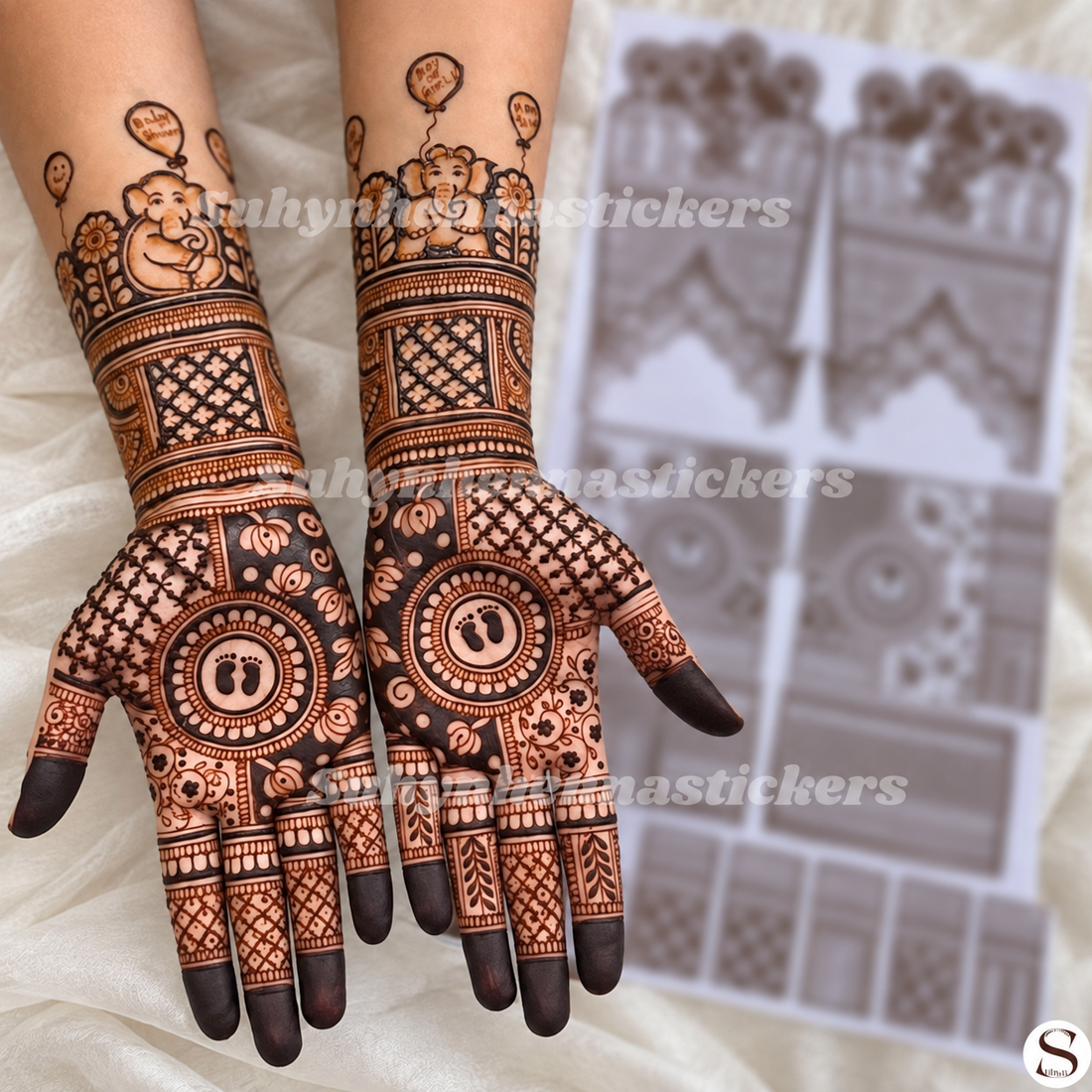 Baby shower full hand mehendi sticker with baby illustrations, footprint designs and detailed fingers by SUHYN