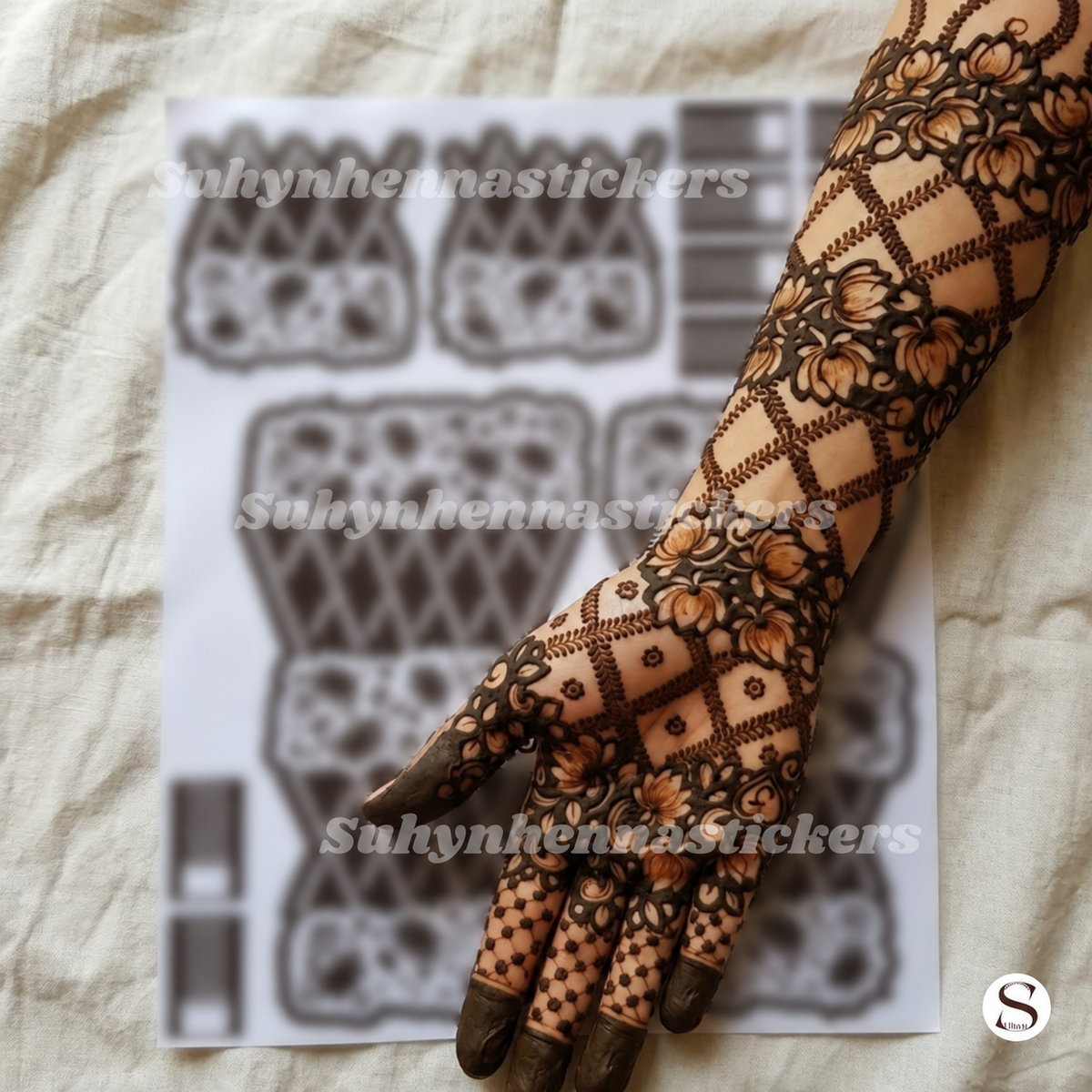 Bloom Lattice Luxe Mehendi Stencil featuring layered flowers, diagonal lattice sections and richly detailed finger patterns by Suhyn