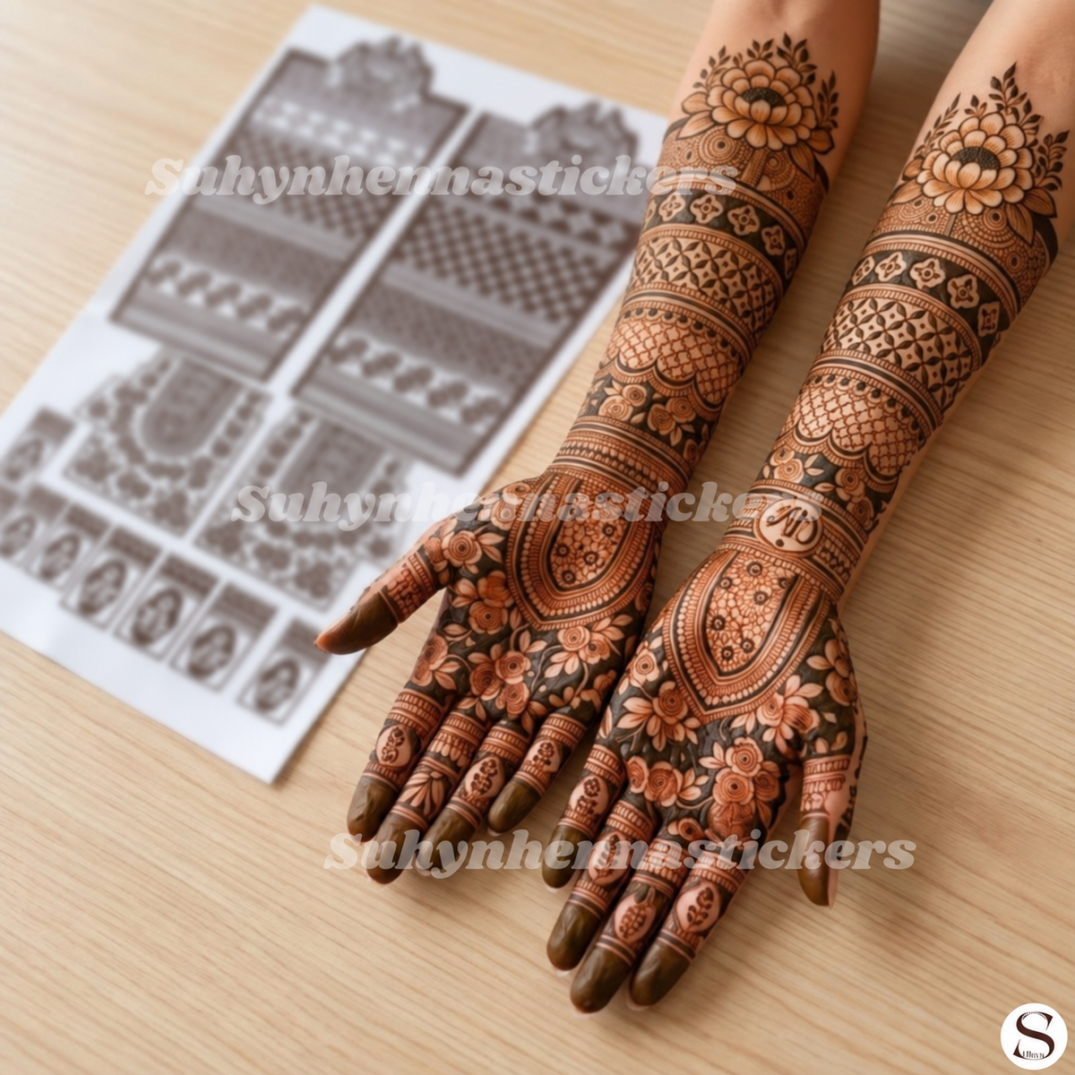Blooming garden bridal Mehendi stencil with large flowers paisley panels and delicate patterned bands by Suhyn