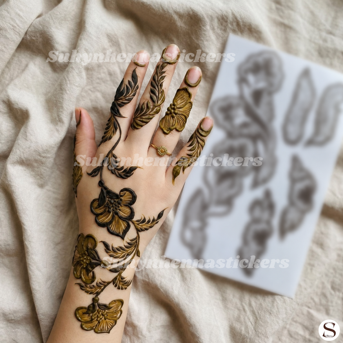 Botanical bloom trail Mehendi Stencil with flowing floral arrangement, leafy curves and elegant full-hand composition by Suhyn
