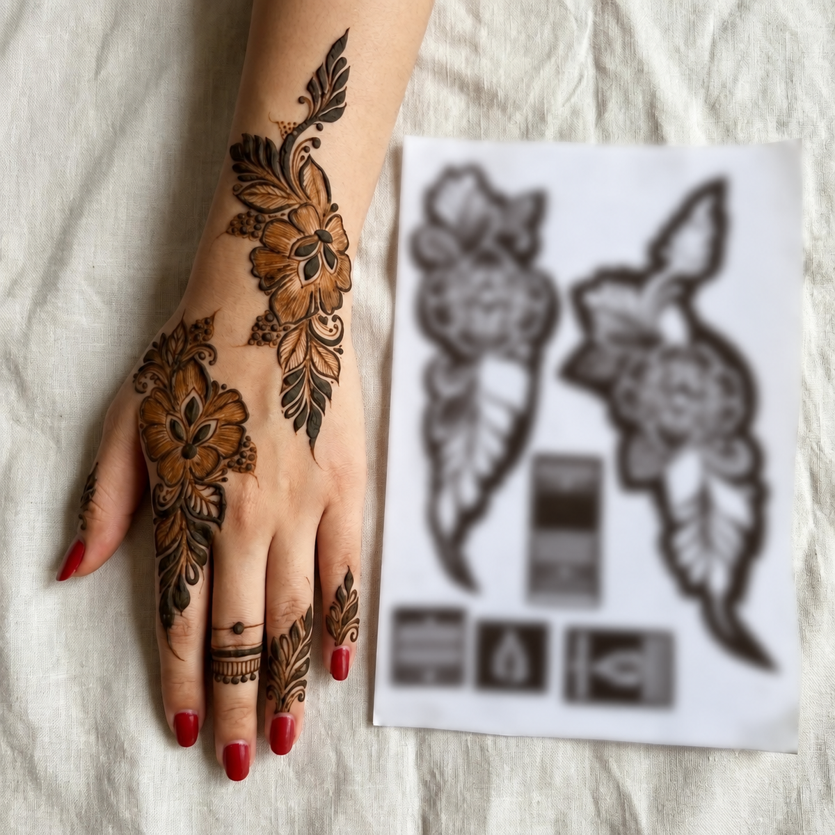 Botanical bloom trail Mehendi stencil with large flowers curved leaves and flowing hand arrangement by Suhyn