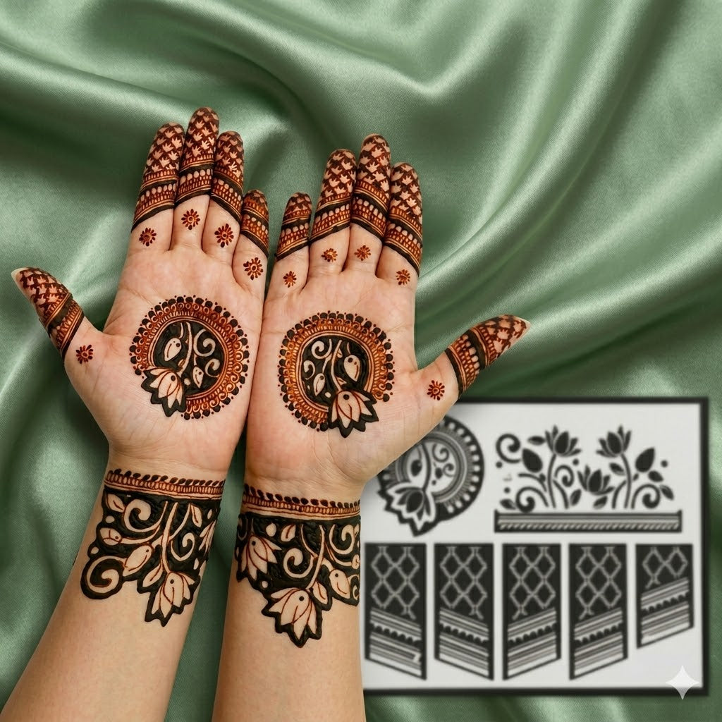 Botanical eclipse mehendi stencil with dark circular floral centres, leafy wrist motifs and coordinated patterned fingertips by Suhyn

