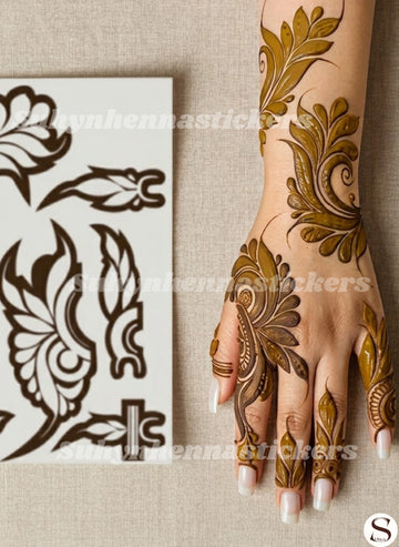 Arabic botanical mehendi sticker with flowing leafy swirls, open hand spacing and elegant wrist-to-finger placement by Suhyn
