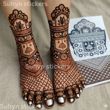 Bridal full leg mehendi sticker with heavy traditional patterns for feet and lower legs
