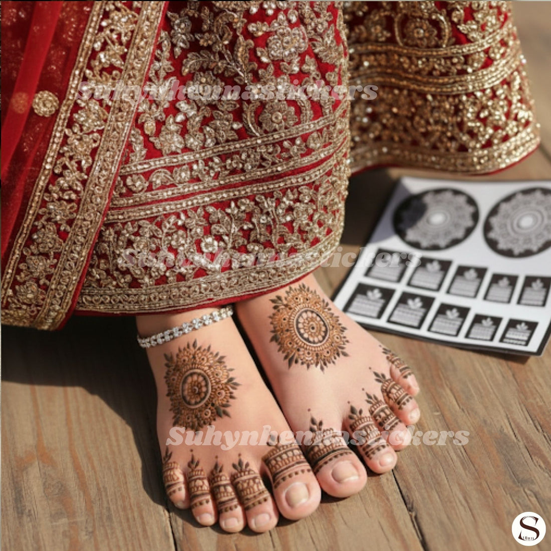 Bridal Sunburst Feet Mehendi Stencil with circular ornamental medallions, delicate toe bands and symmetrical festive foot detailing by Suhyn

