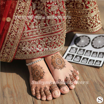 Bridal Sunburst Feet Mehendi Stencil with circular ornamental medallions, delicate toe bands and symmetrical festive foot detailing by Suhyn
