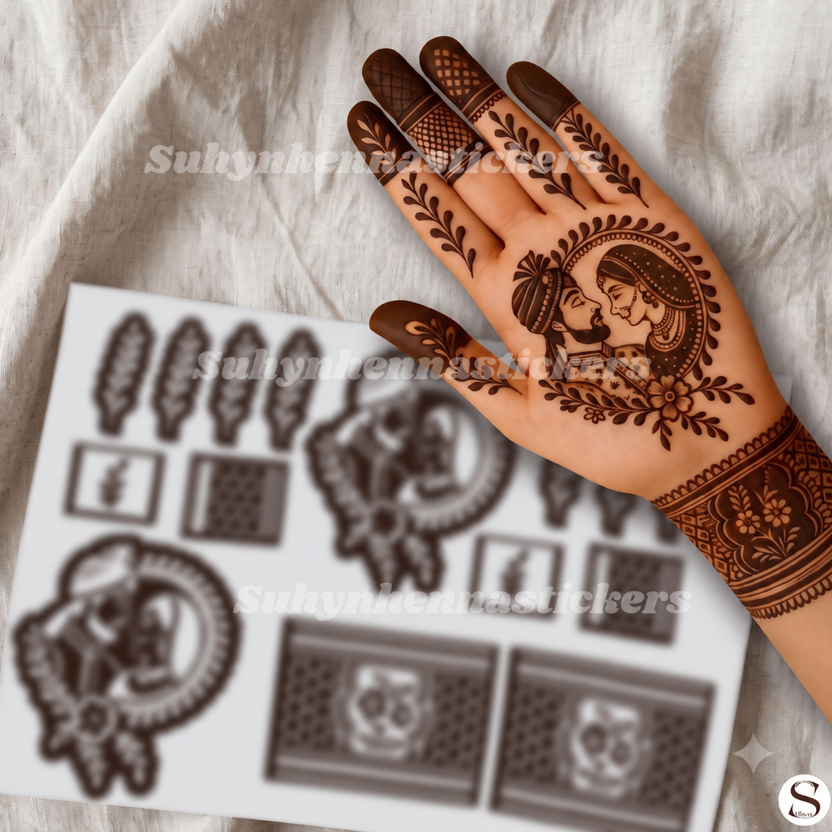 Bride and groom palm mehendi sticker with couple portrait, leaf fingers and floral wrist design by SUHYN
