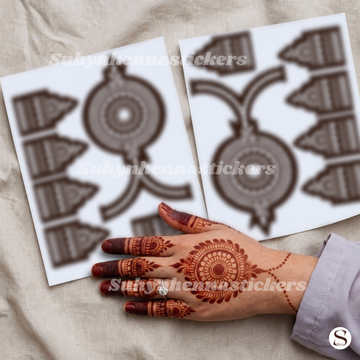 Circular leaf Mandala Mehendi stencil with concentric floral detailing leafy border and matching finger motifs by Suhyn
