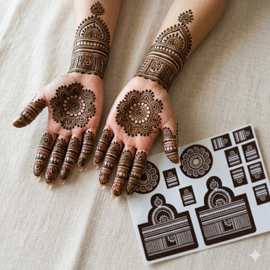 Classic circular palm mehendi stencil with floral medallion centre, patterned fingers and ornamental wrist bands for both hands by Suhyn
