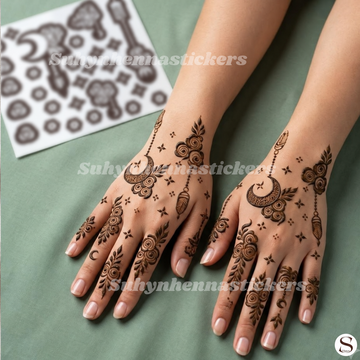Crescent bloom minimal Mehendi stencil with moon motifs spiral flowers leafy elements and delicate hanging details by Suhyn