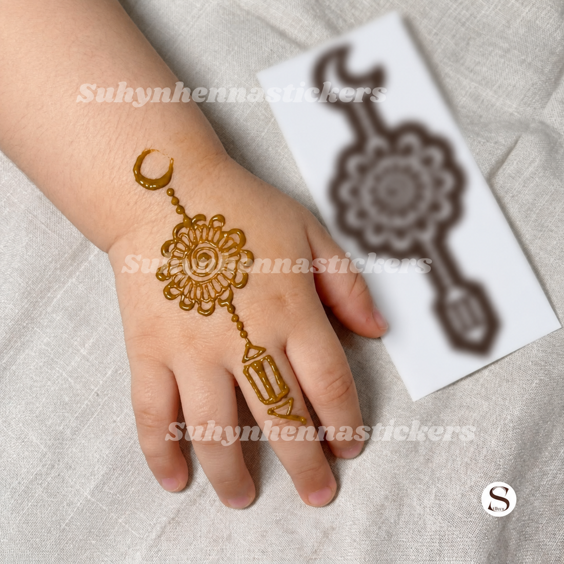Crescent Lantern Kids Mehendi Stencil with moon symbol, round flower centre, dotted connector and hanging lantern detail by Suhyn
