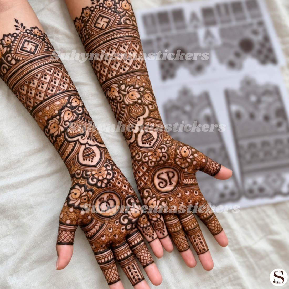 Customized full hand bridal mehendi sticker with couple initials, wedding rings and lotus designs by SUHYN
