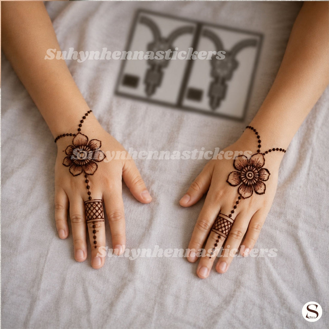 Daisy Bracelet Kids Mehendi Stencil with large flower centre, dotted bracelet chains and simple finger band pattern by Suhyn