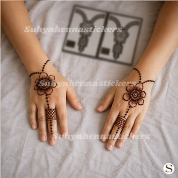 Daisy Bracelet Kids Mehendi Stencil with large flower centre, dotted bracelet chains and simple finger band pattern by Suhyn