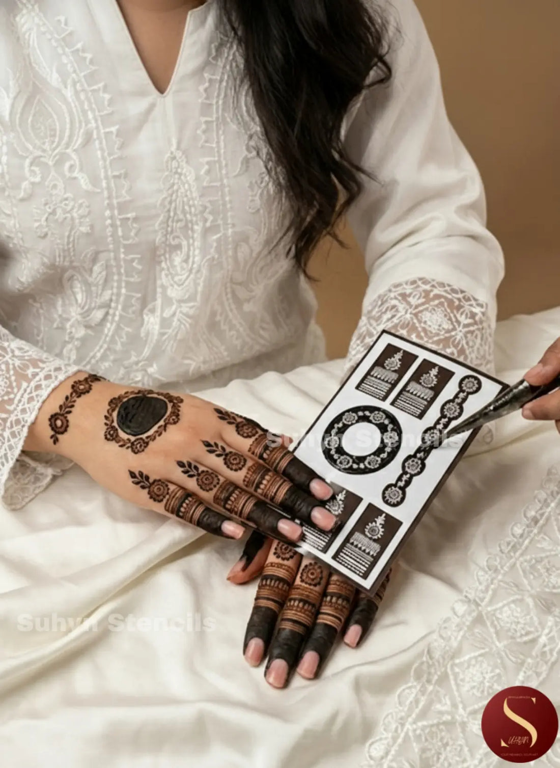 Delicate floral ring back hand mehendi sticker with circular hand motif, fine finger accents and minimal wrist detailing by Suhyn
