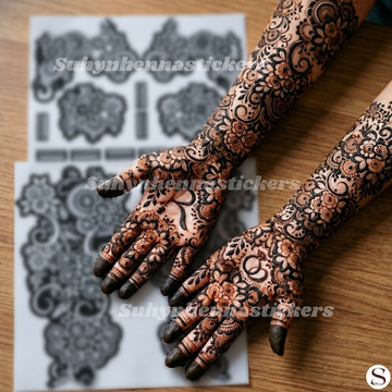 Dense floral vine bridal Mehendi stencil with layered flowers leaves paisleys and full hand detailing by Suhyn

