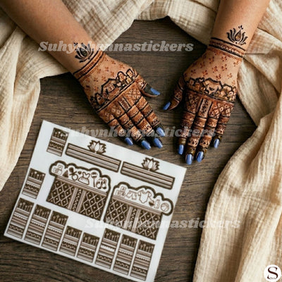 Family Blessings Baby Shower Mehendi Stencil with family scene motifs, lotus accents, structured bands and themed hand styling by Suhyn
