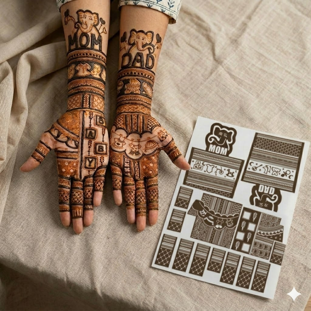 Family themed baby shower mehendi sticker with mom dad motifs, decorative hand sections and celebration details by Suhyn
