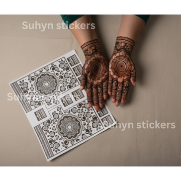 Festive floral mandala mehendi sticker with detailed palm motifs, finger patterns and wrist design by Suhyn