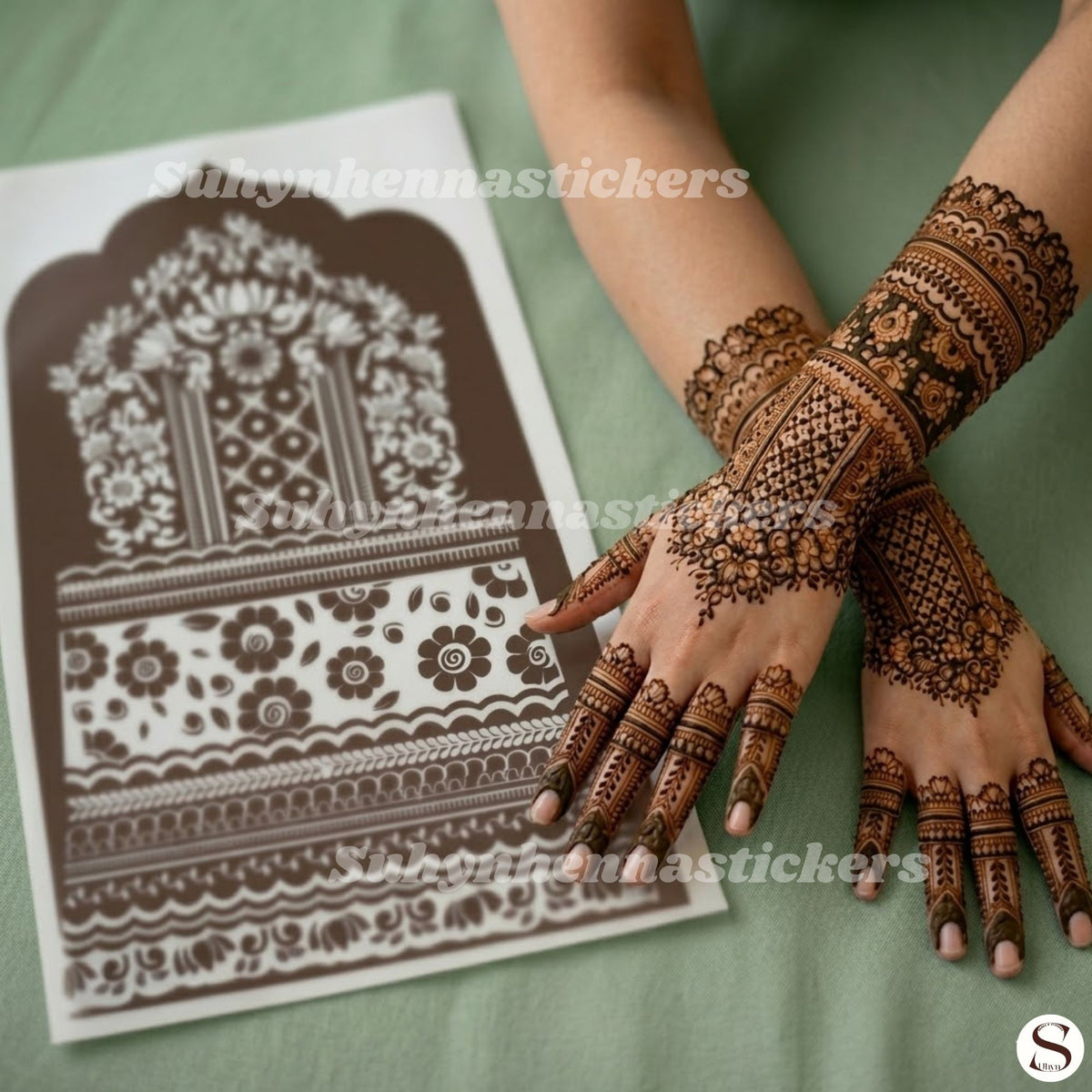 Floral Arch Elegant Mehendi Stencil with clustered floral motifs, patterned wrist bands and neat finger detailing by Suhyn
