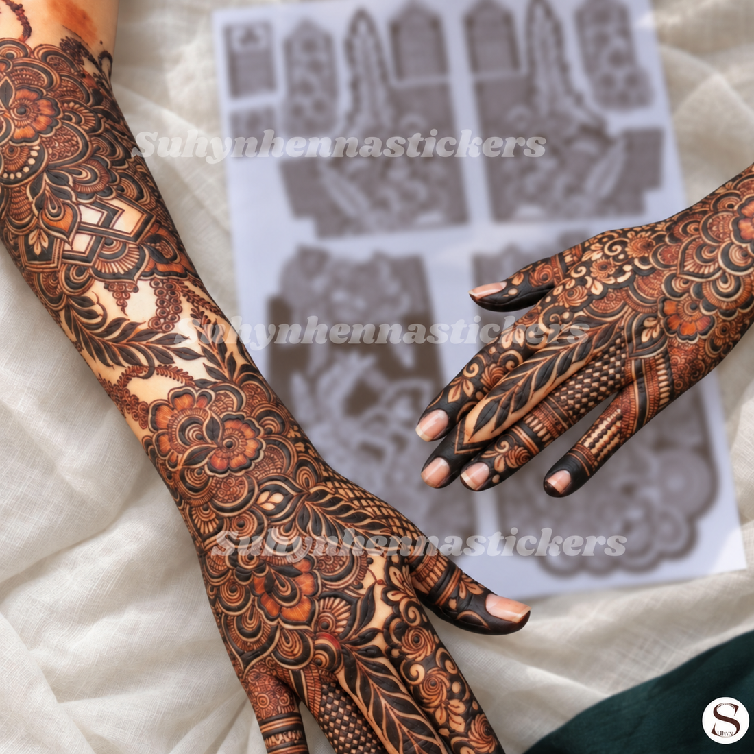 Floral full back hand bridal mehendi sticker with roses, leaves and detailed finger designs by SUHYN