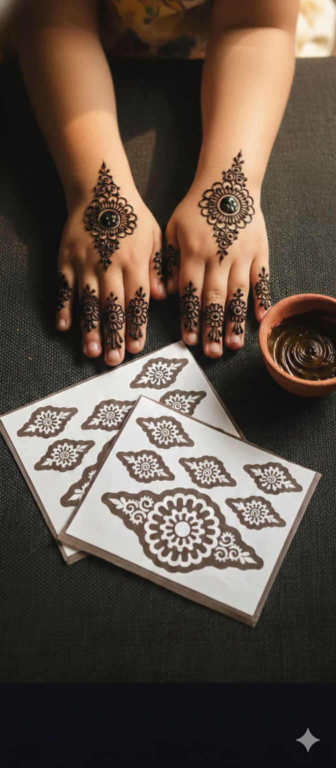 Kids floral jewel Mehendi Sticker with small decorative hand motifs, simple finger designs and playful symmetrical styling by Suhyn
